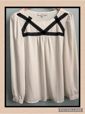 LOFT White Blouse with Black Lace Yoke and Tiny Polka Dots